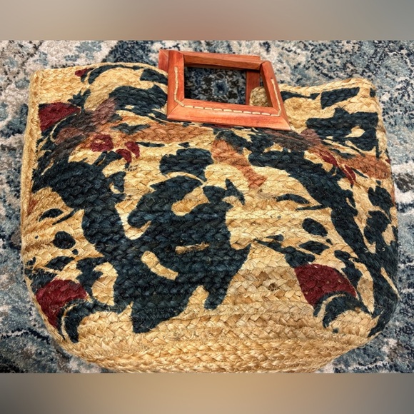Antik Kraft Woven Floral Tote Bag with Wooden Handle